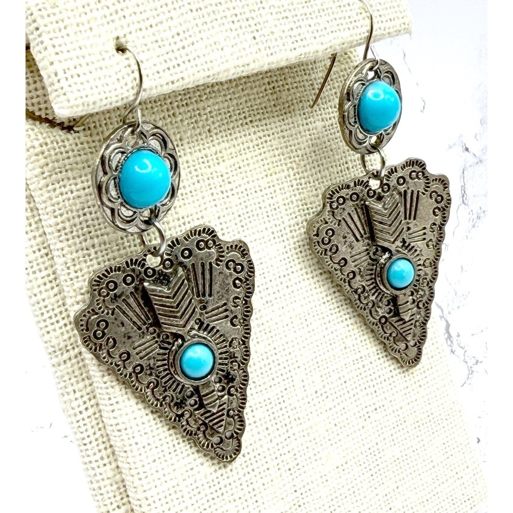 Vintage Turquoise Arrowhead Dangle‎ Earrings Silver Southwestern Boho